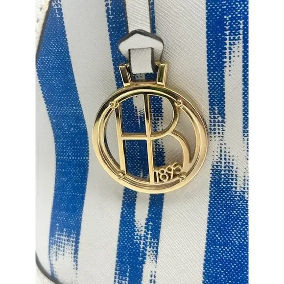 RARE Henri Bendel W 57th Ikat Satchel Tote Blue White & Bag Charm Coastal Chic - Picture 3 of 9